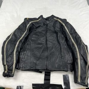 Joe Rocket Motorcycle Jacket Mens 46 Black Leather Racing Stripe Padded Liner
